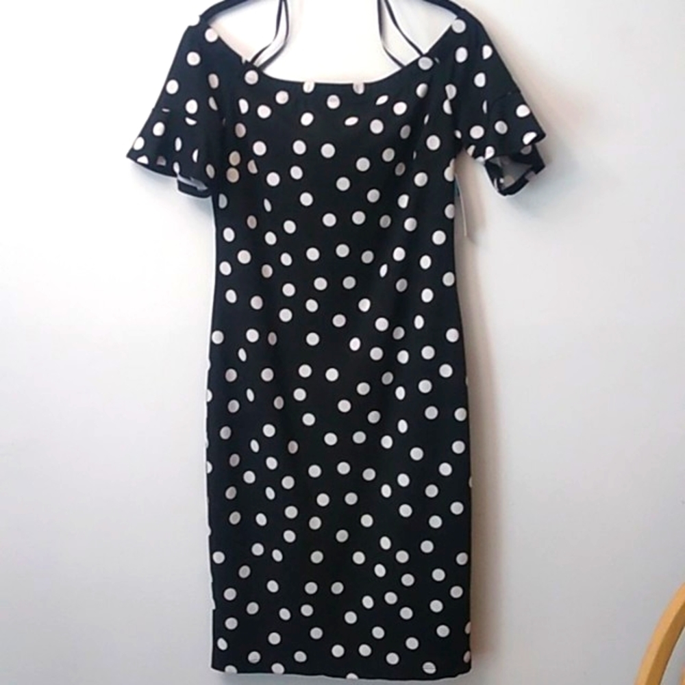 🎉2xHP🎉 Premier Amour White Polka Dot Black Off-the-Shoulder Dress, 12, NWT